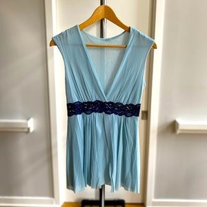 Only Hearts pale blue + navy flare tank with sheer lace inset at waist